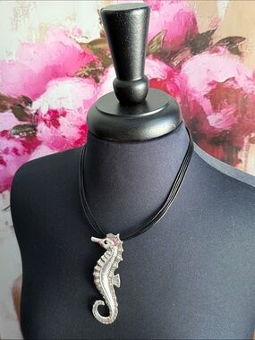 Seahorse Pendant Necklace - Silver with Black Cord